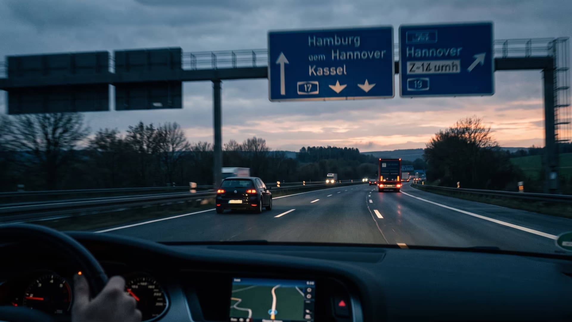KI-Bild · Die halbe Stunde: Autobahn im Morgengrauen, aus dem Auto