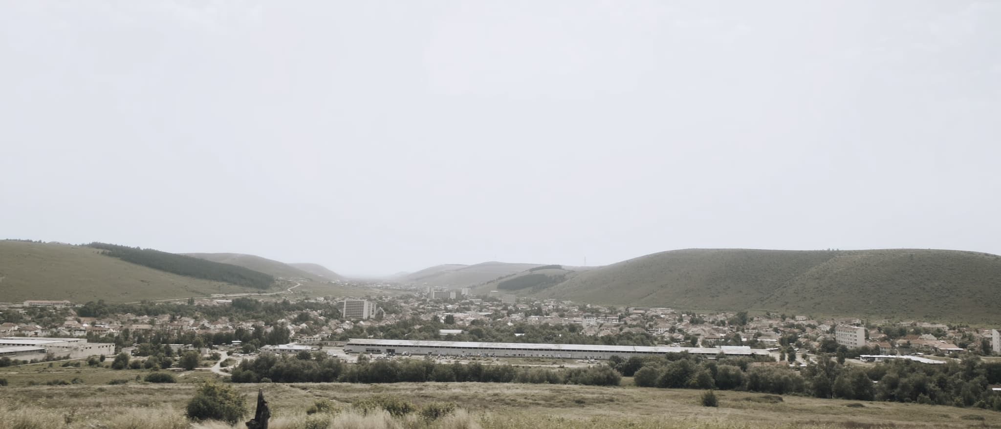 Die Stadt in einer Mulde bewaldeter Hügel, Hallen an ihrem Rand