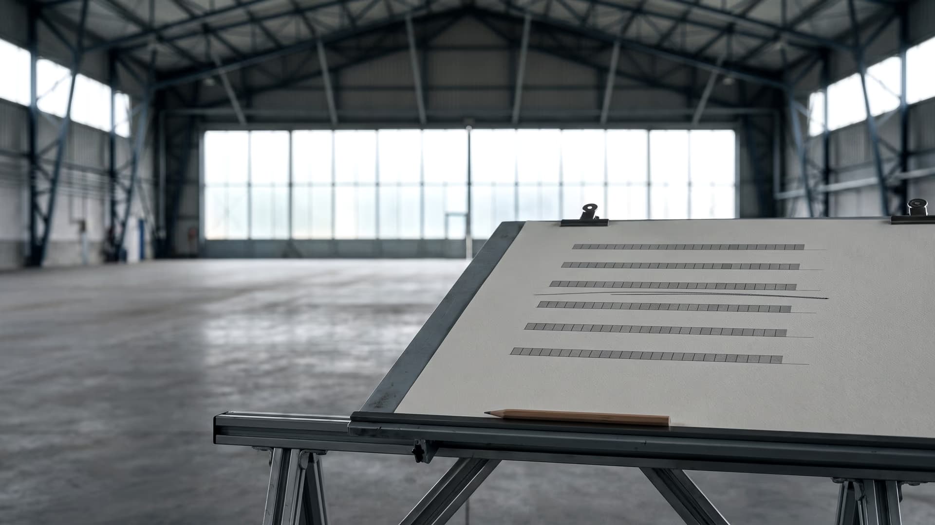 Ein Blatt an einem Reißbrett in der Halle, eine Zeile darauf von Hand unterstrichen