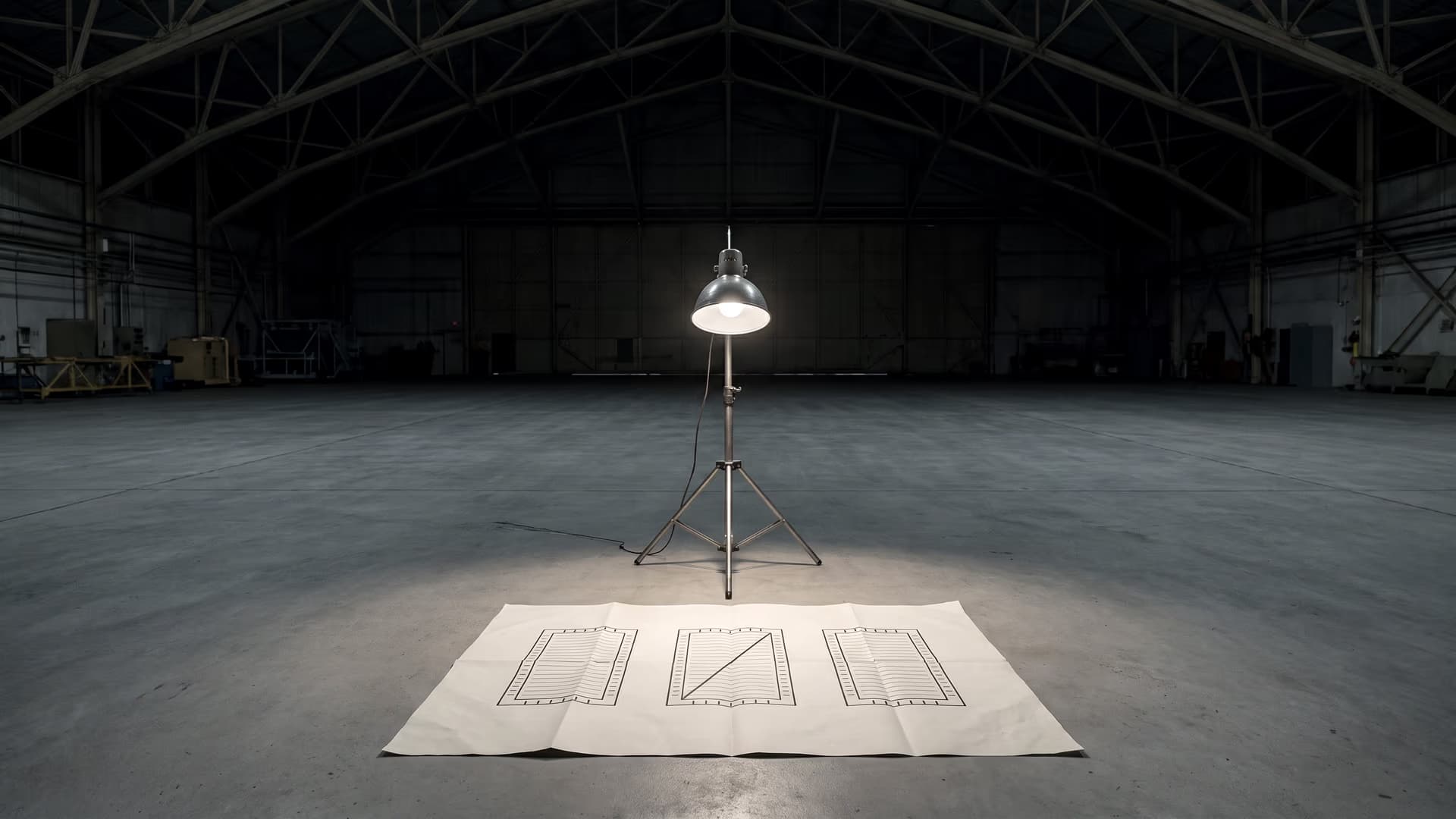 Ein zerknittertes Blatt auf dem Hallenboden im Lichtkegel einer einzelnen Lampe, ein Block durchgestrichen