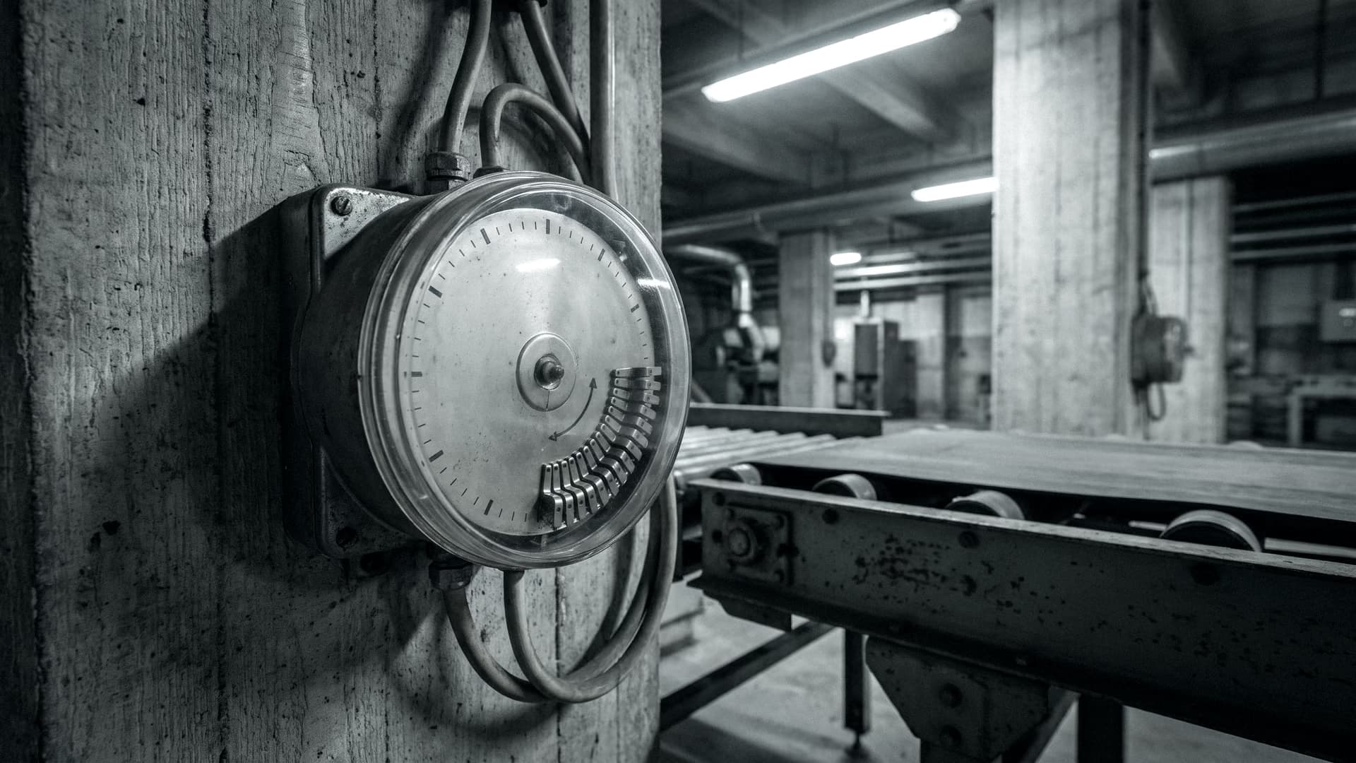 Eine mechanische Zeitschaltuhr an der Betonwand neben einer stehenden Strecke, ein Segmentring gesetzt