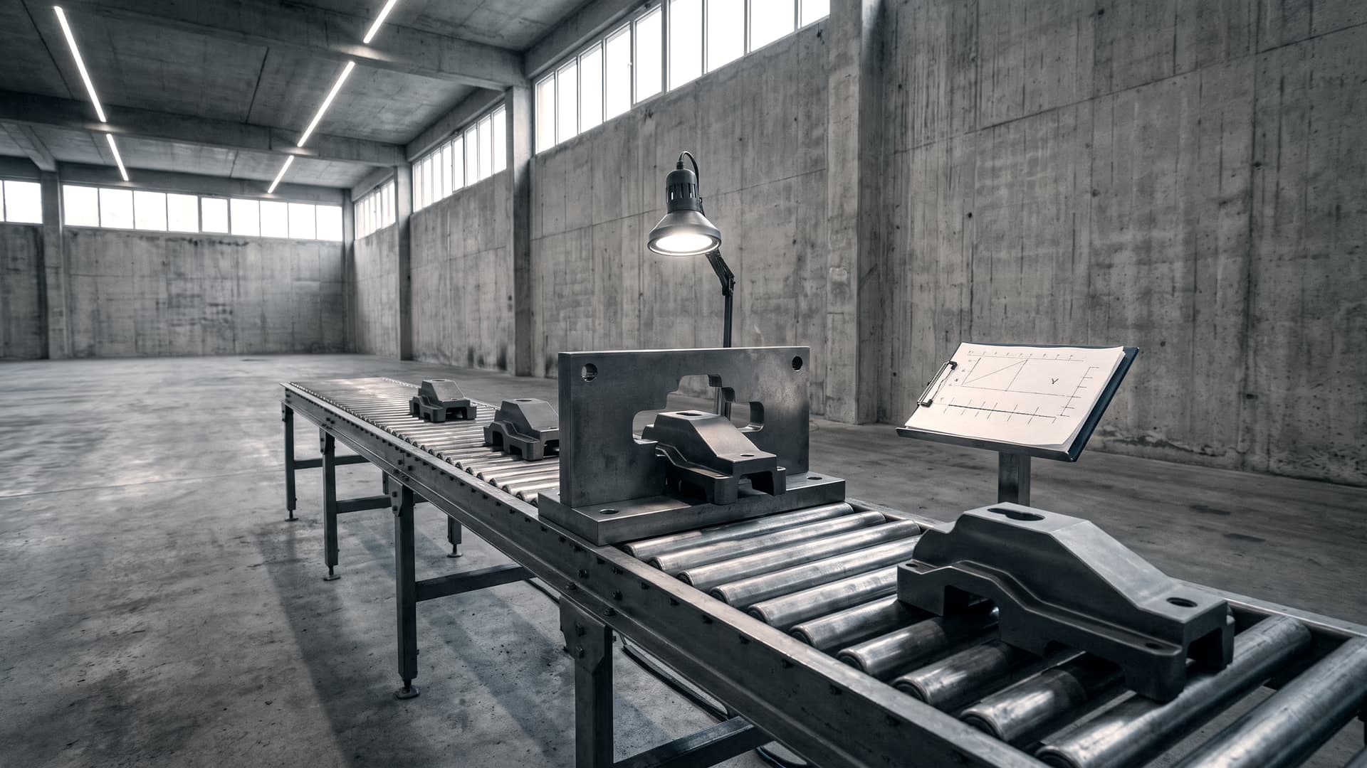 Eine Rollenbahn quer durch die Halle mit gleichen Werkstücken darauf, darüber eine feste Lehre, in der eines davon gerade sitzt