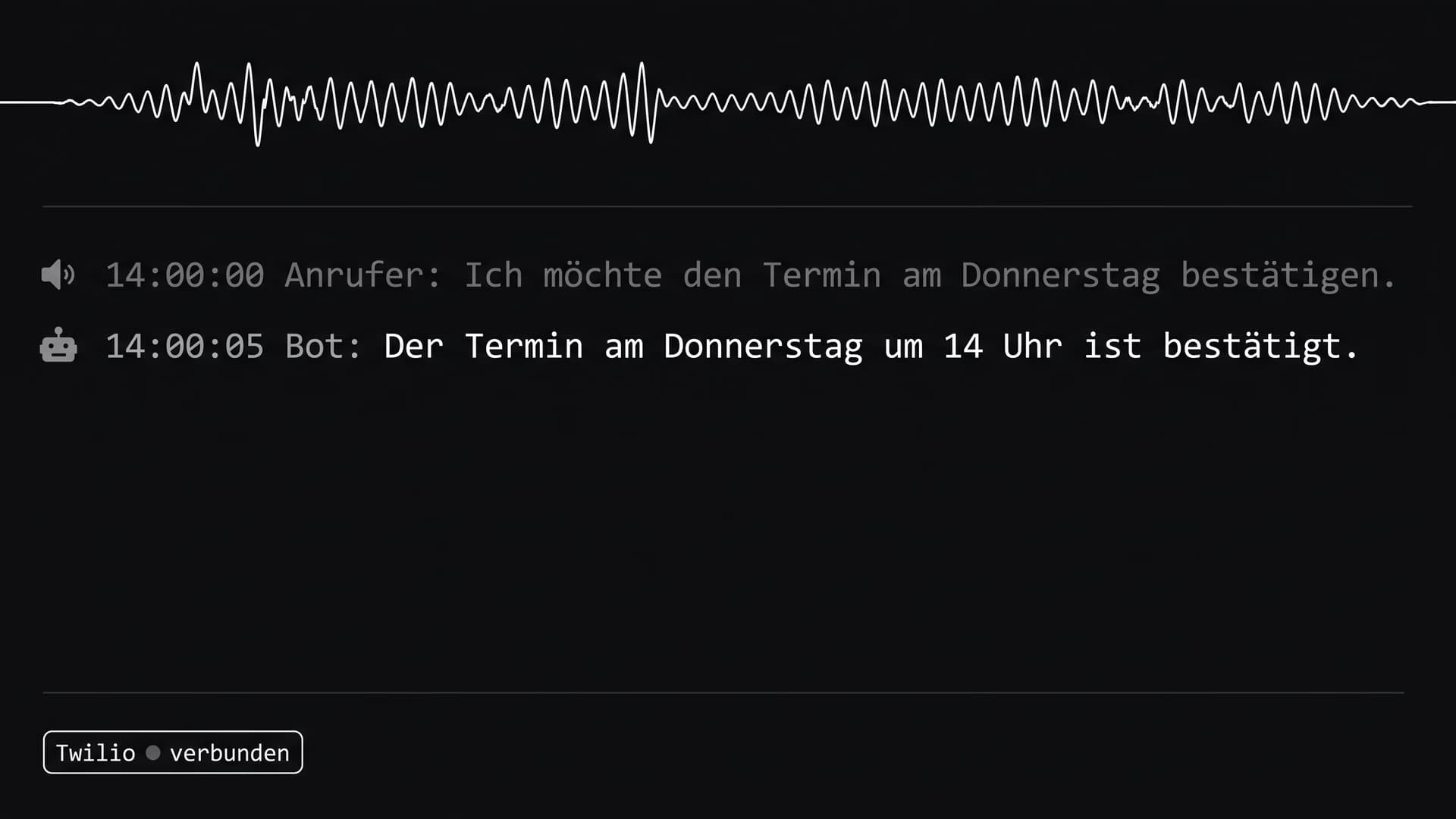 Anruf-Interface: Wellenform und deutsches Transkript der Terminbestätigung