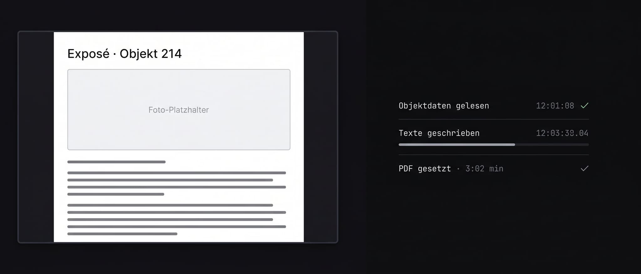 KI-Exposé-Generator: PDF-Vorschau links, Generierungs-Log rechts