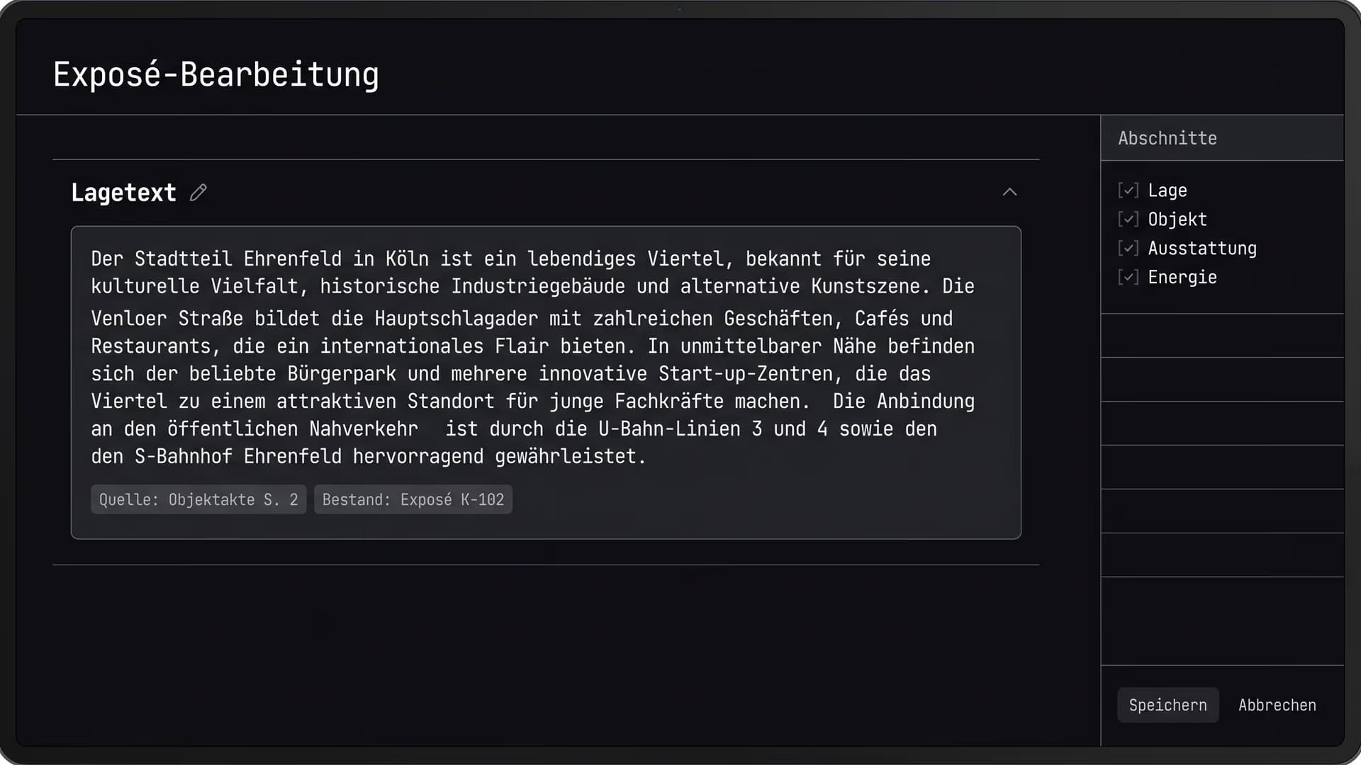 Screenshot: das Redigier-Interface, mit der Quelle unter jedem Absatz