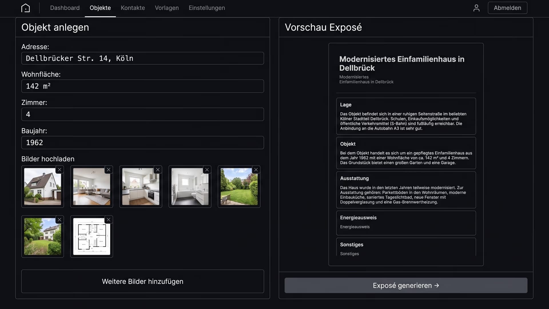 Screenshot · Das Portal: Objektdaten links, Exposé-Vorschau rechts