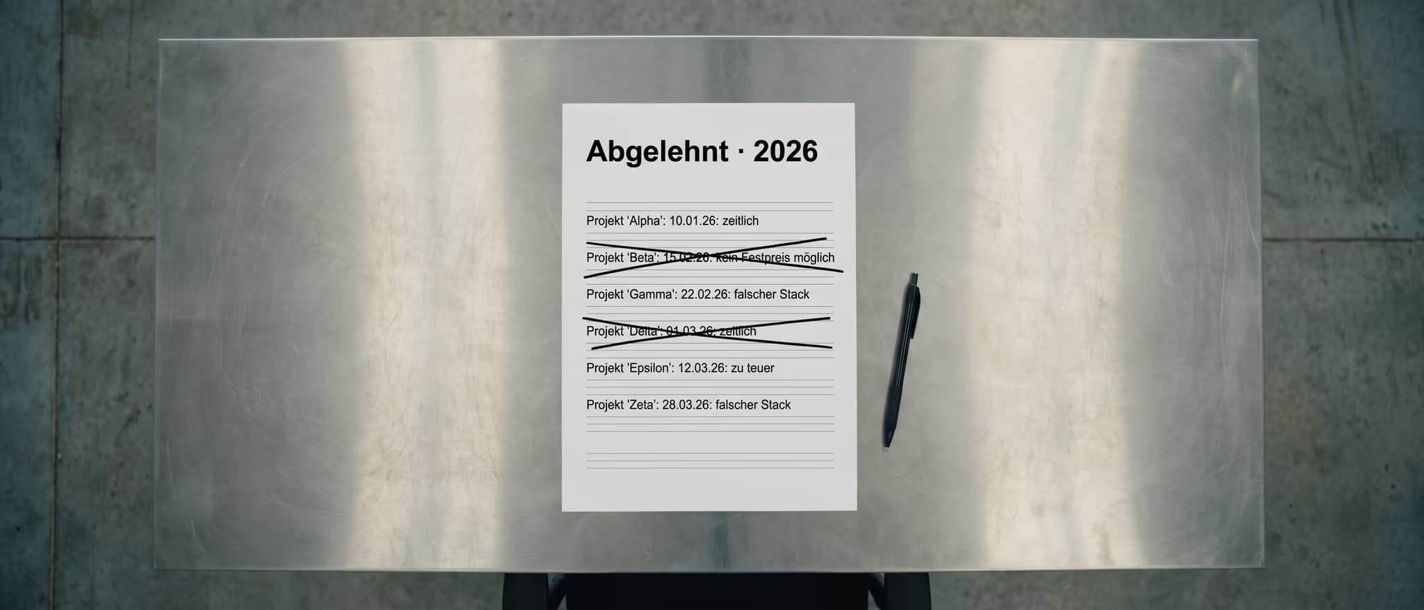 Die Absagen-Liste 2026 auf dem Stahltisch, zwei Zeilen durchgestrichen